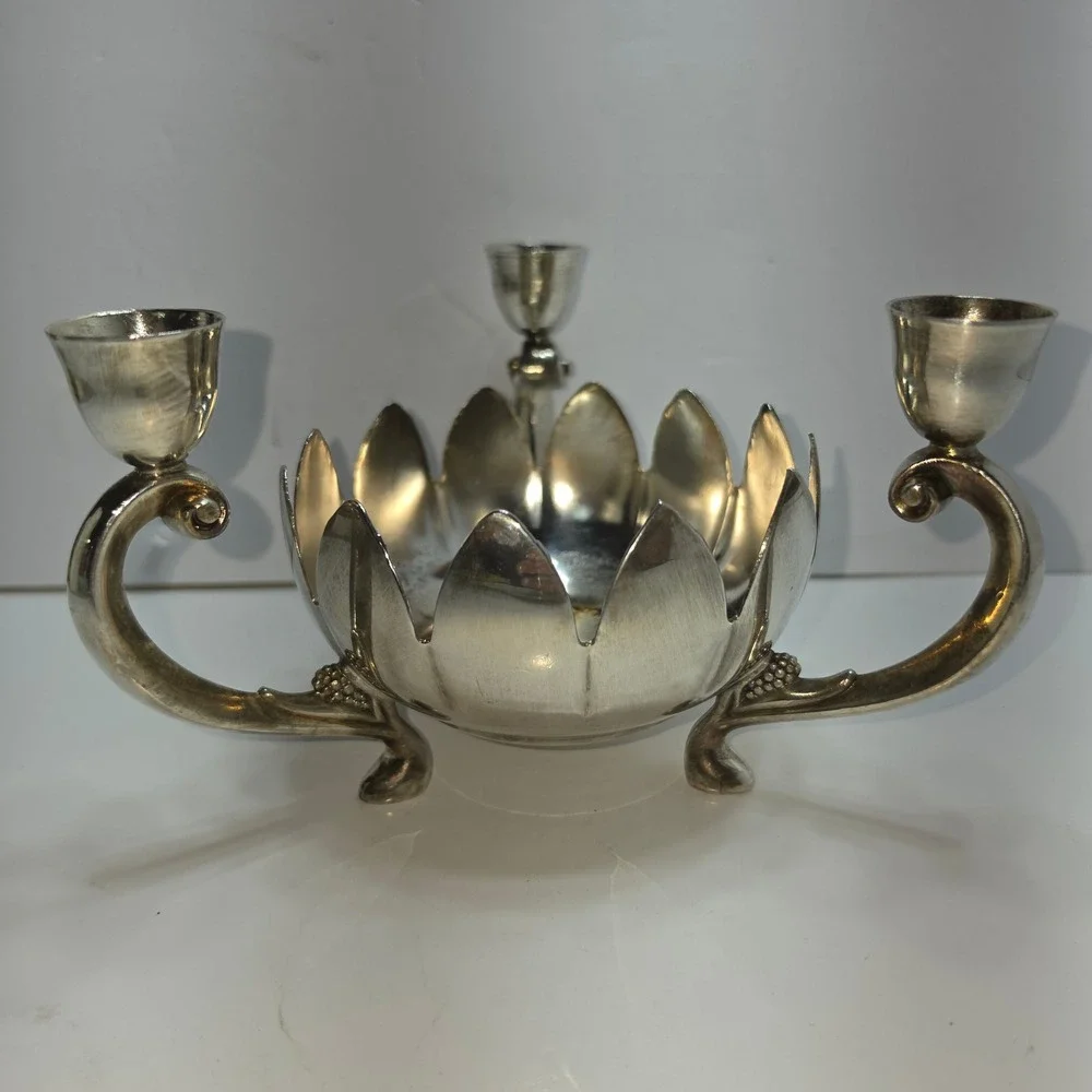 Vintage Silver Plated Lotus Flower Candelabra Centerpiece Bowl Made in Indonesia